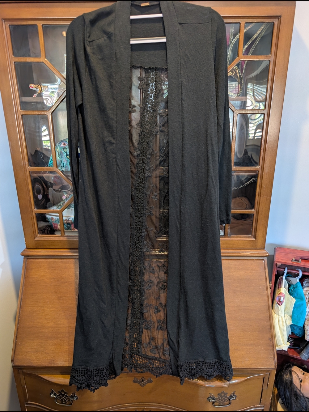 Poof Black Long Duster Cardigan with Crochet Lace Trim Size Small